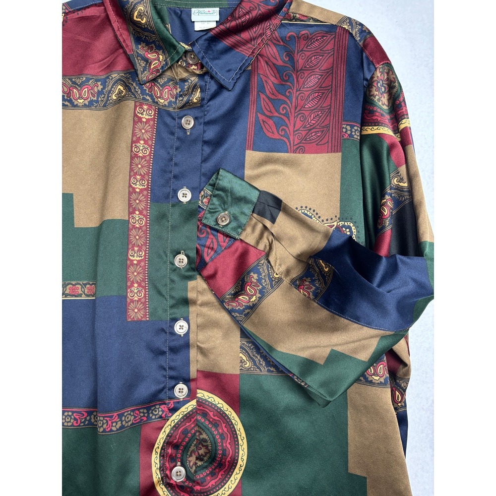 Haband Blouse Womens 2X Plus Paisley Patchwork Satin Button Up